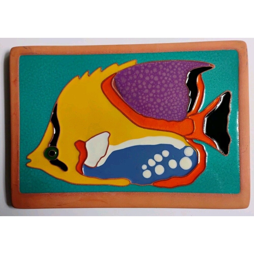 Vintage 1996 Cindy Wallace Terracotta Art Tile Tropical Fish Wall Plaque Signed